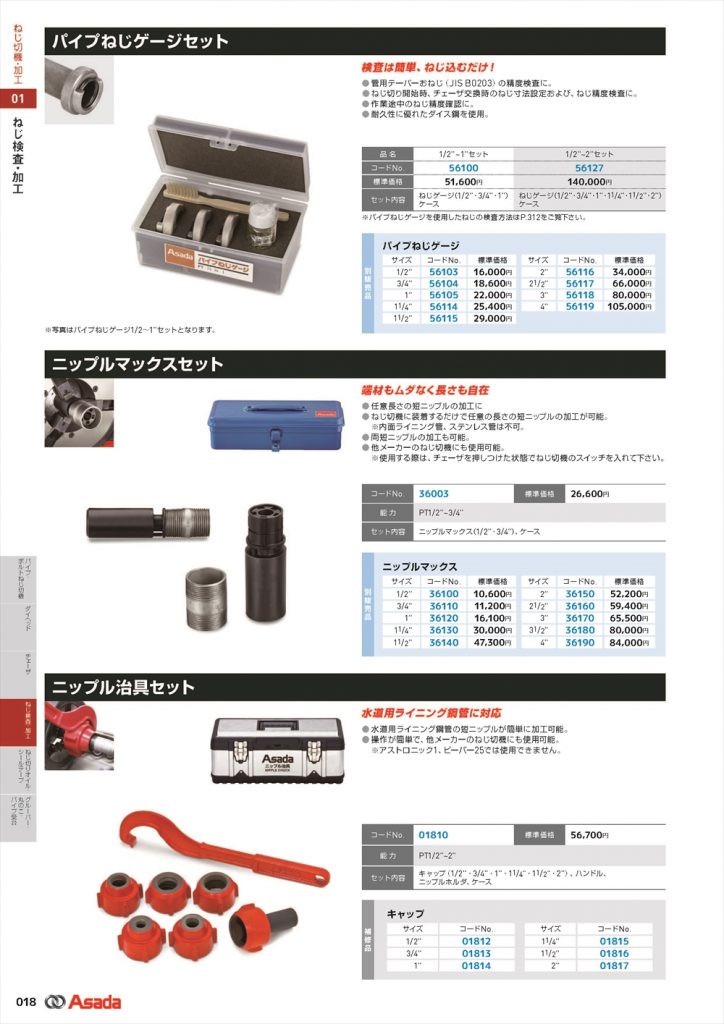 アサダ(Asada) 01810 ニップル治具セット Pt1/2”～2”【解説シリーズ