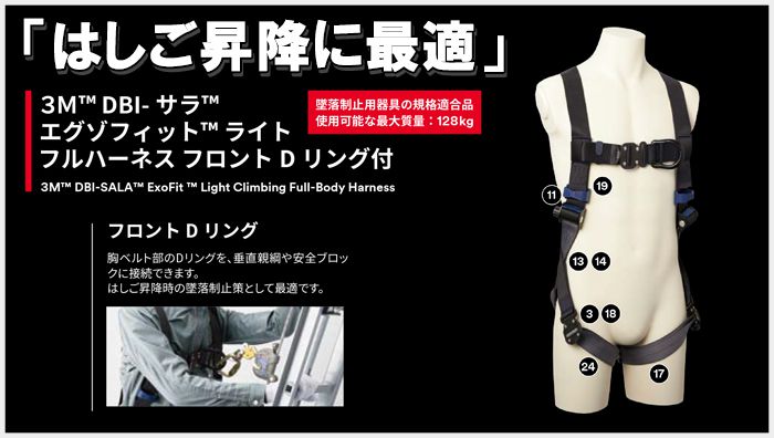 安全用品 新規格適合 3M フルハーネス フロントDリング付 Mサイズ DBI-サラ エグゾフィット ライト 1114103N - 1