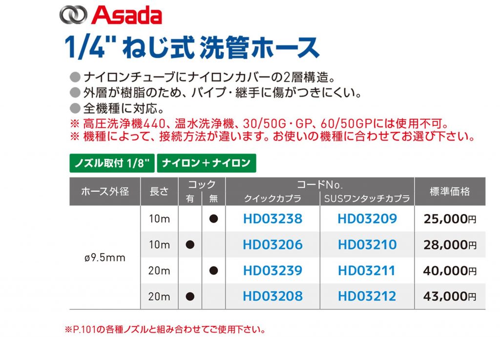 最大66％オフ！ アサダ 4洗管ホース 60 85 60用 20m Qカプラ R10608