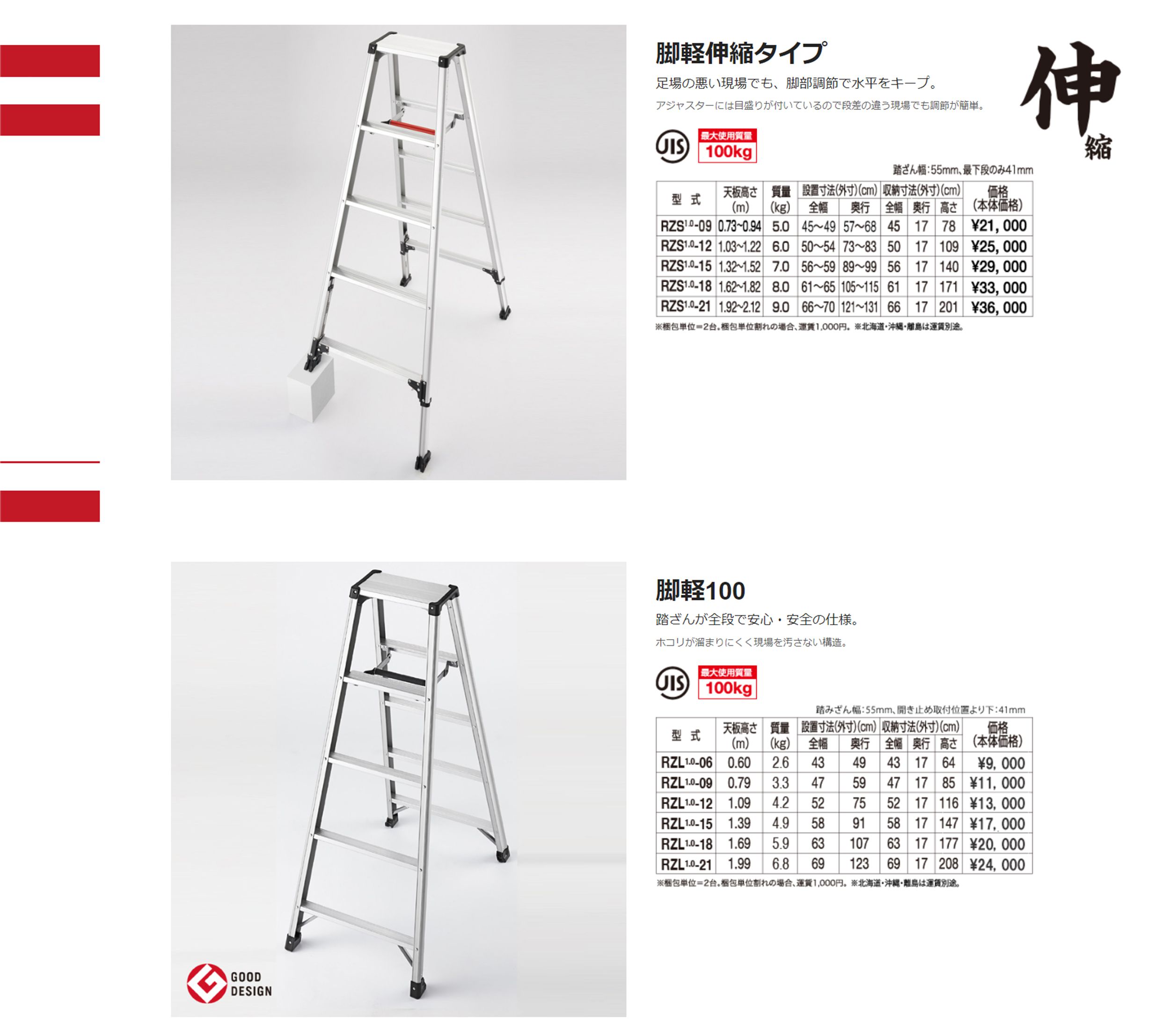 ハセガワ(hasegawa) 脚軽(Asigaru) 脚立専用タイプ (伸縮式) RZS1.0-12_カタログ_2