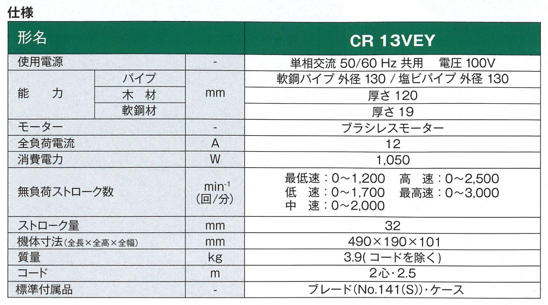 日立工機(ハイコーキ/HIKOKI) 電子セーバーソー ツイン回転式カウンタウェイト(低反動機構) CR13VEY_各部仕様_1