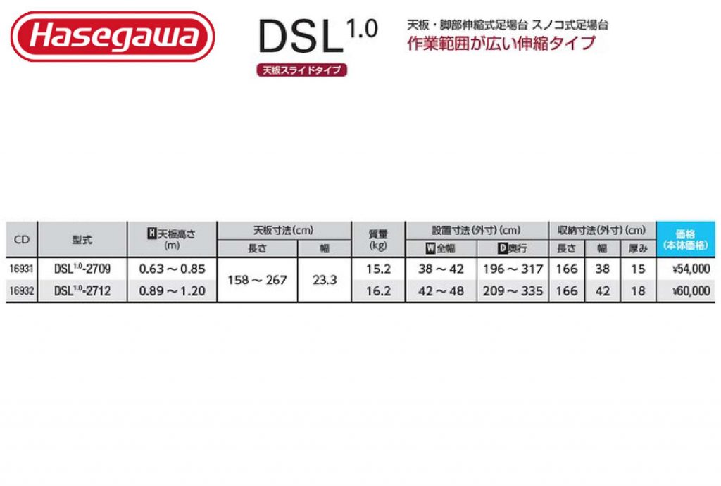 DSL1.0 2712 / DSL1.0 2709 ハセガワ(長谷川) 足場台 ※伸縮タイプ