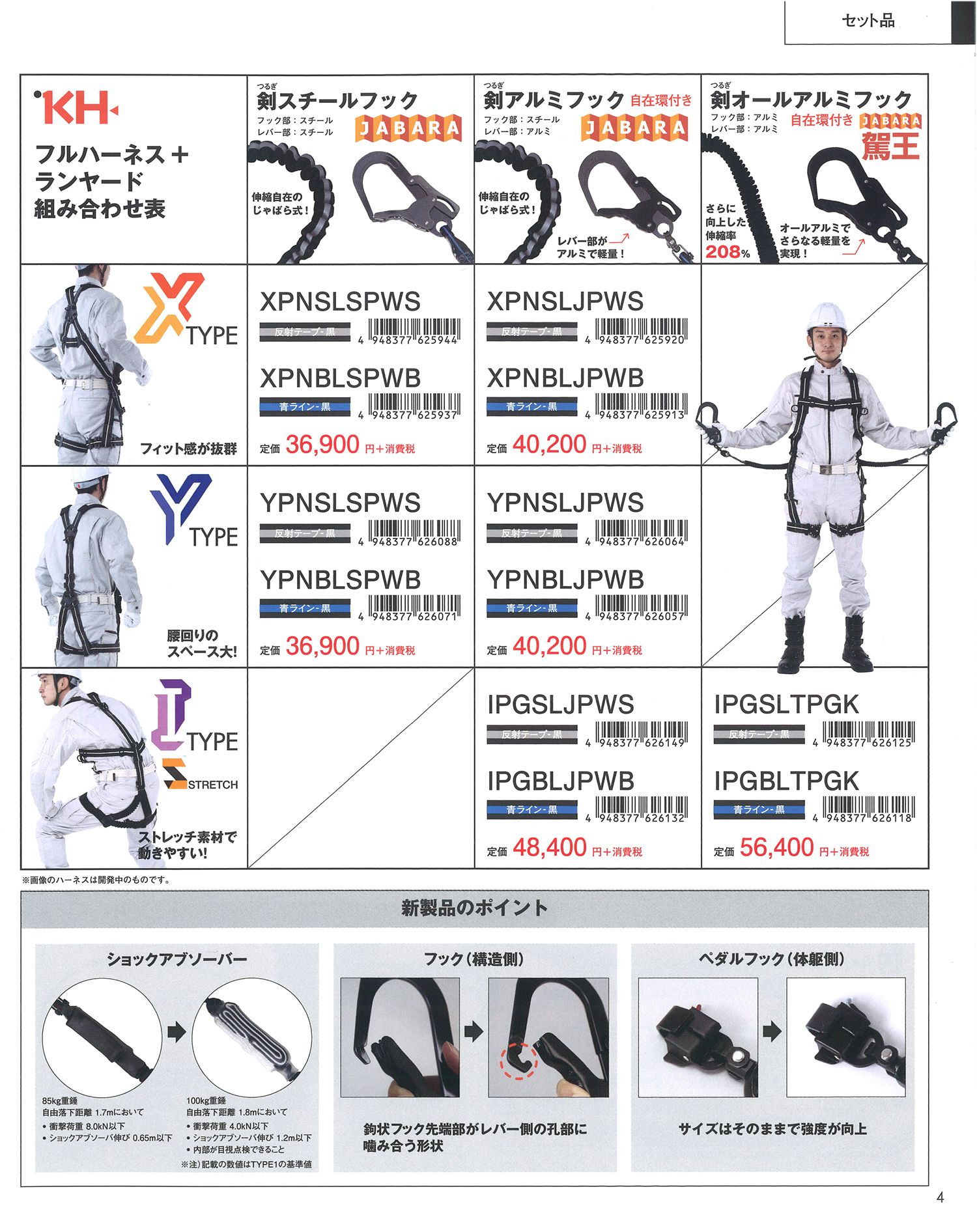 KH(基陽) じゃばらストレッチ フルハーネスI型 + じゃばら駕王(がおう)ランヤード(剣オールアルミフック:軽量) 伸縮タイプ 自在環付き ペダルフック L寸(165～185cm) S [黒地に反射テープ] IPGSLTPGK_カタログ_1