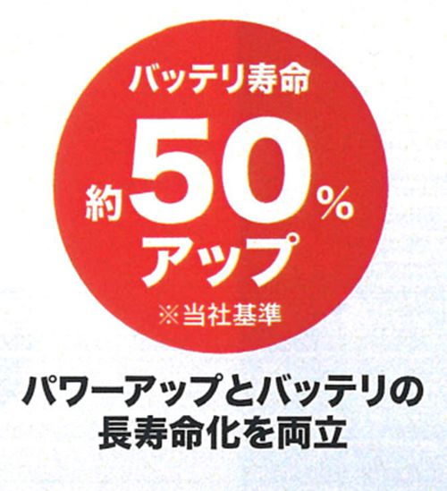 「バッテリ寿命：５０％アップ」