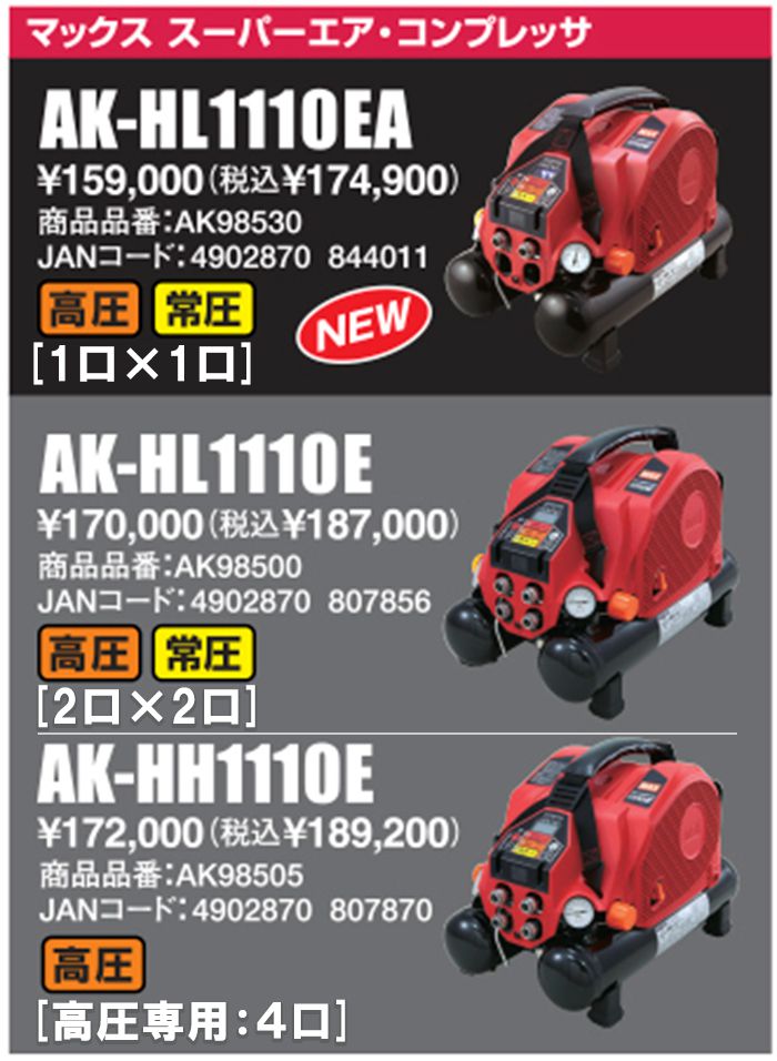 ☆比較的綺麗☆MAX マックス 高圧/常圧各2個 8L スーパーエアコンプレッサ AK-HL1110E2 ハンディエアーコンプレッサー 内装/建築 61868