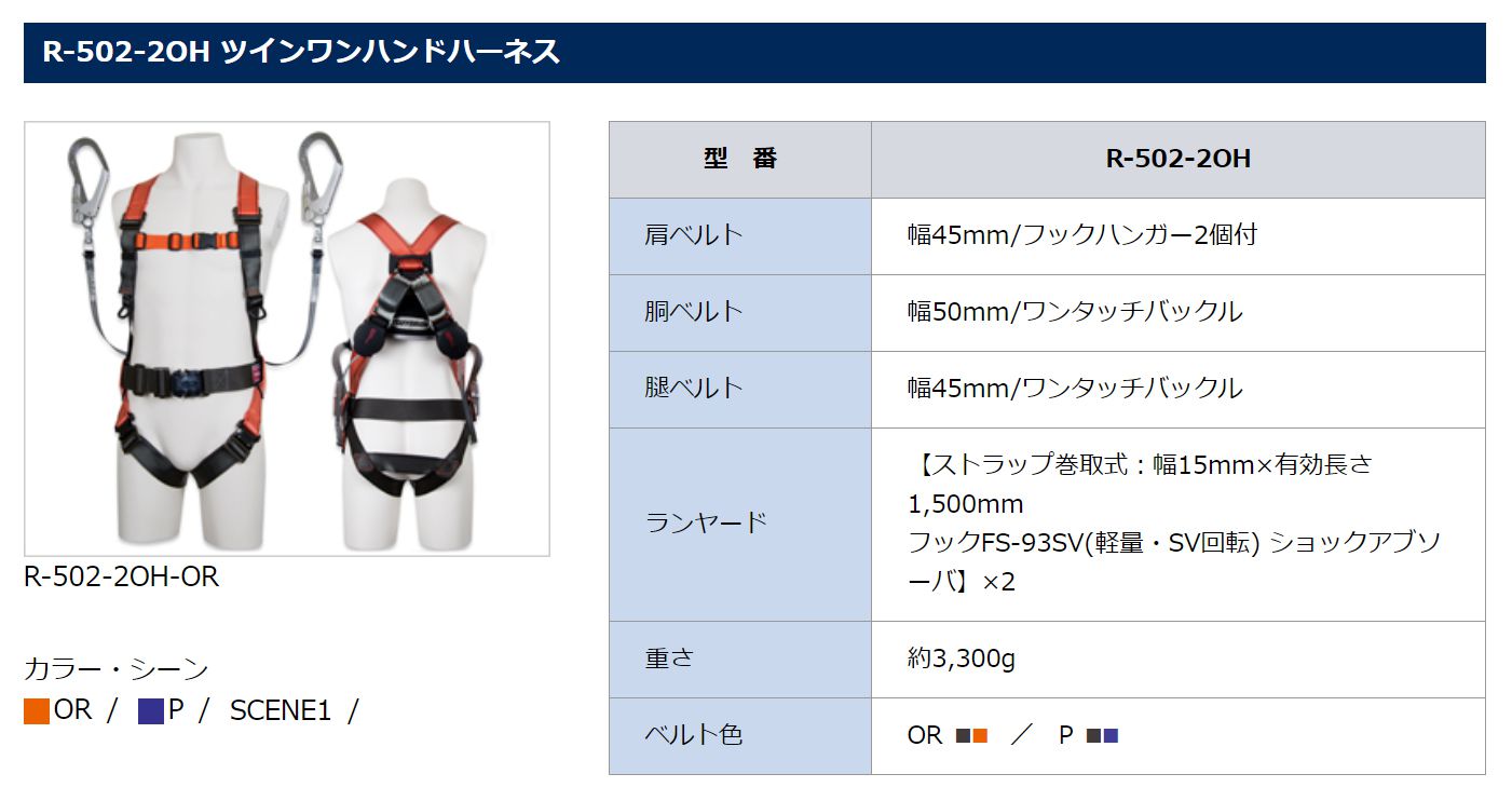 藤井電工 ツヨロン ツインワンハンドハーネス 胴ベルト付 (ベルト色:OR) R-502-2OH-OR_各部仕様_1