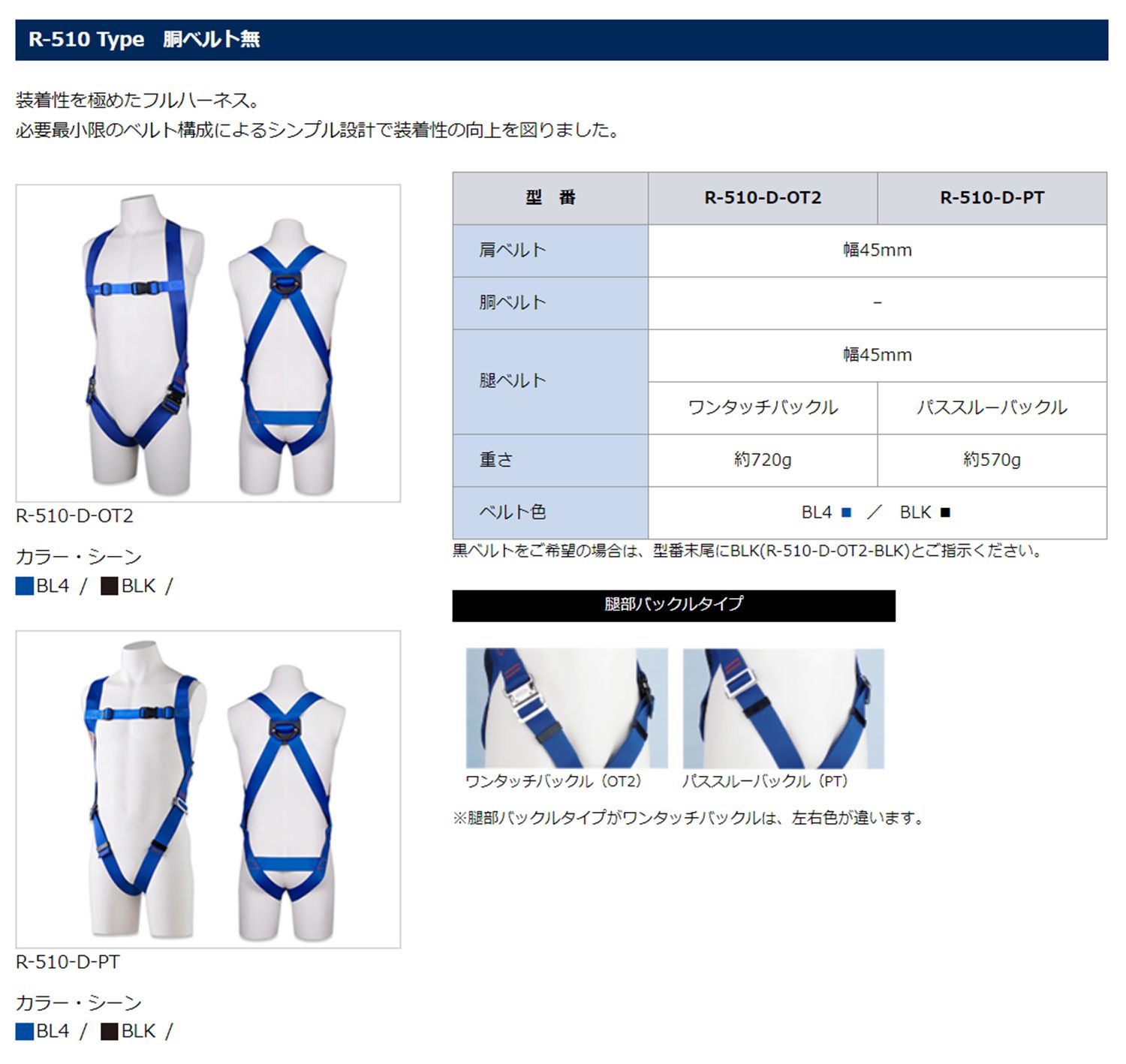 藤井電工 ツヨロン フルハーネス用ベルト ワンタッチバックル 胴ベルト付 (ベルト色:OR) R-502-D-OT2-OR_各部仕様_4