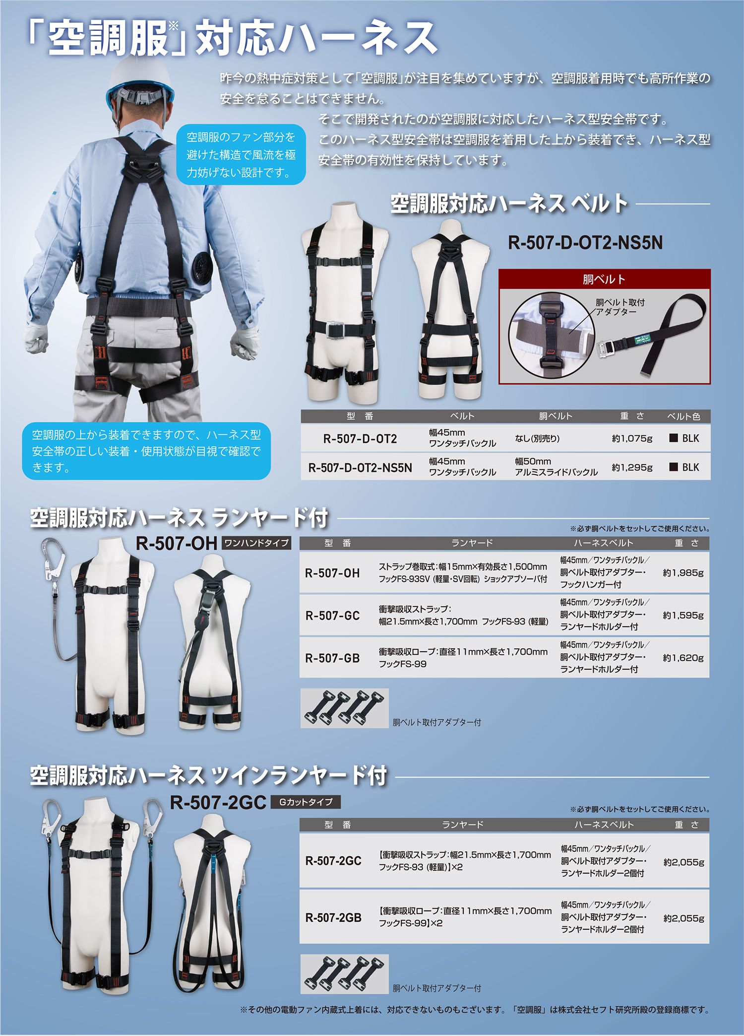 藤井電工 空調服対応ハーネス ツインランヤード付 衝撃吸収ストラップ R-507-2GC_カタログ_1