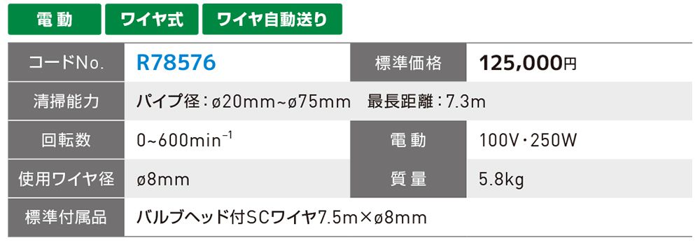 アサダ(Asada) ロスピマティック 排水管清掃機 R78576_各部仕様