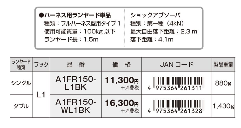 タジマ(tajima) フルハーネス用ランヤード 【シングル】 L1フック(スチール製) 平ロープ式 より戻し無し 下出しランヤード A1FR150-L1BK_各部仕様