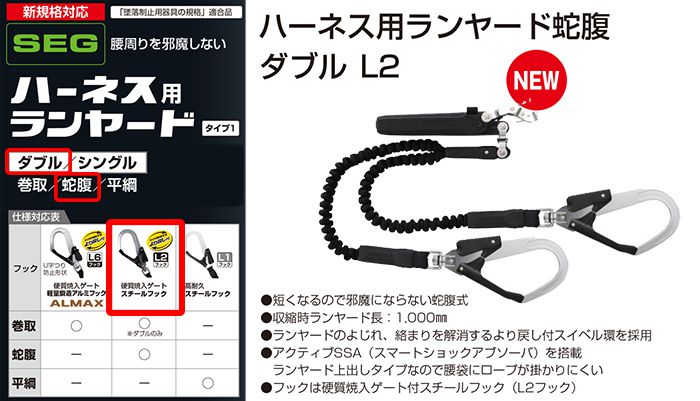 安心の定価販売】 ハーネス用ランヤード 蛇腹 ダブル A1JR150−WL8BK