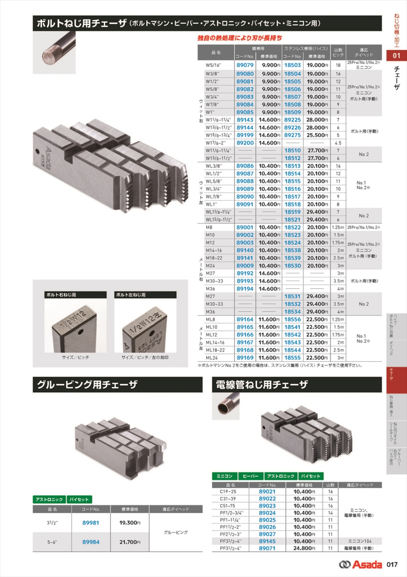 Asada アサダ ボルトねじ用チェーザウィット右W11 8-11 4ボルトマシンNo.2用ハイス 18510 通販 