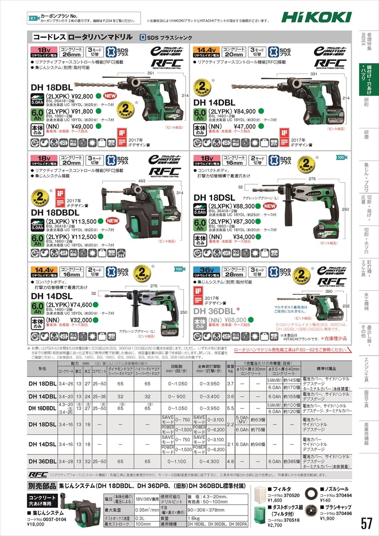 ハイコーキ(日立工機) コードレスロータリハンマドリル DH18DSL(2LXPK)(L) 18V 5.0Ah〜DH18DSL(NN)(L) - 工具通販クニモトハモノ  (国本刃物)