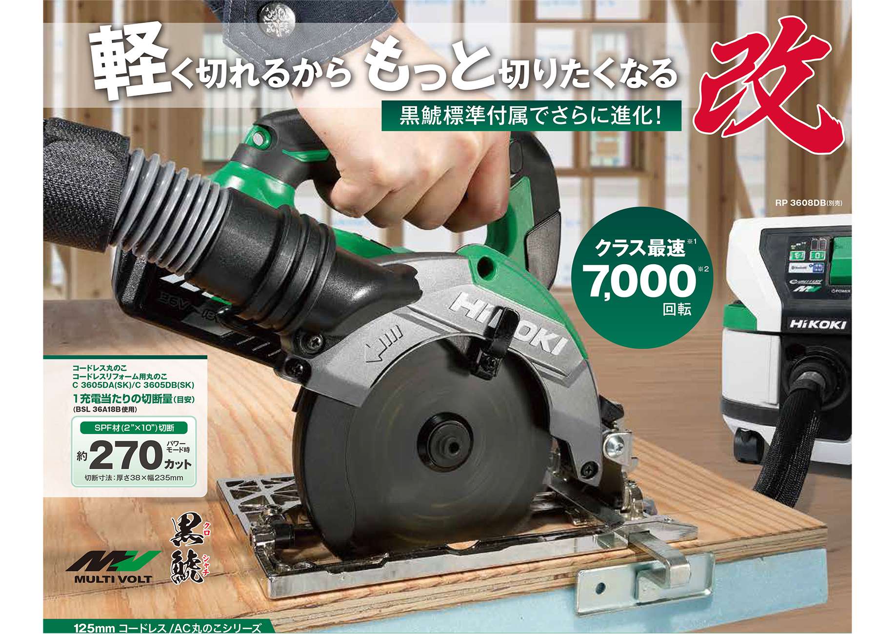 HiKOKI HIKOKI（日立工機）36V 125mmコードレス丸のこ（緑）C3605DA(2XPS)  無線連動搭載MV電池(BSL36A18B)2個 充電器(UC18YDL2) ケース 電動工具