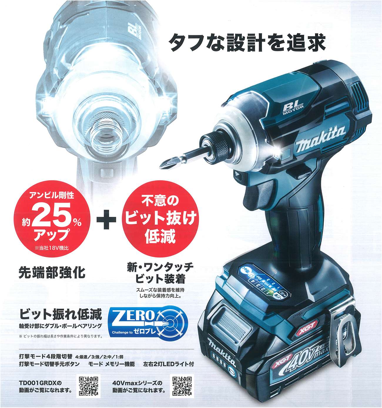 ☆品☆makita マキタ 40Vmax 充電式インパクトドライバ TD001G 2.5Ahバッテリー1個(BL4025) 充電器(DC40RA) ケース付 72128