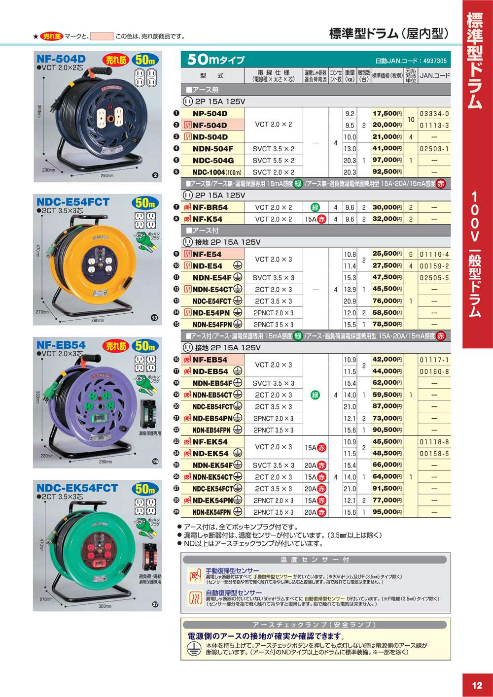 日動工業 標準型ドラム【屋内型】50m アース付 NF-E54〜NDN-E54FPN